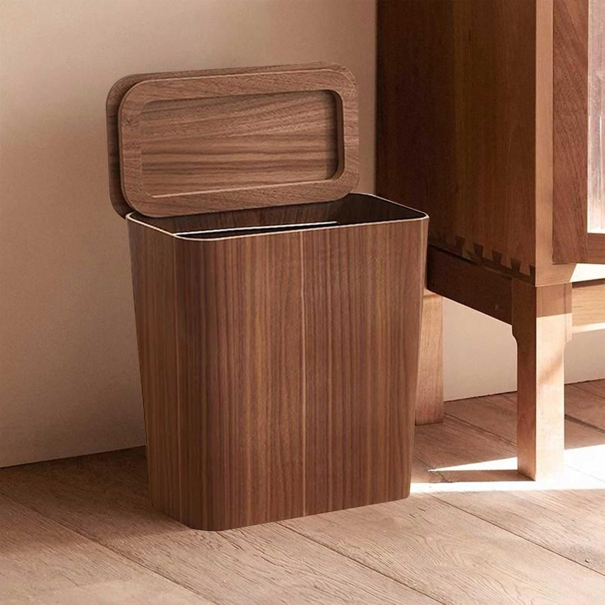 Stylish Wood-Finish Trash Bin with Rotating Lid Option