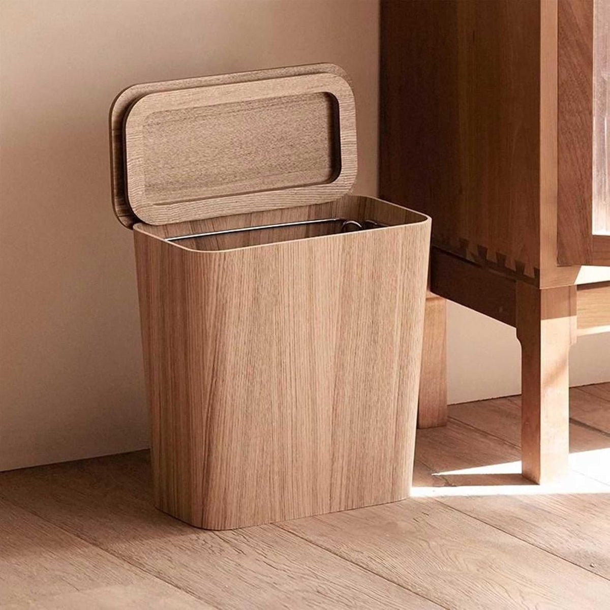 Stylish Wood-Finish Trash Bin with Rotating Lid Option