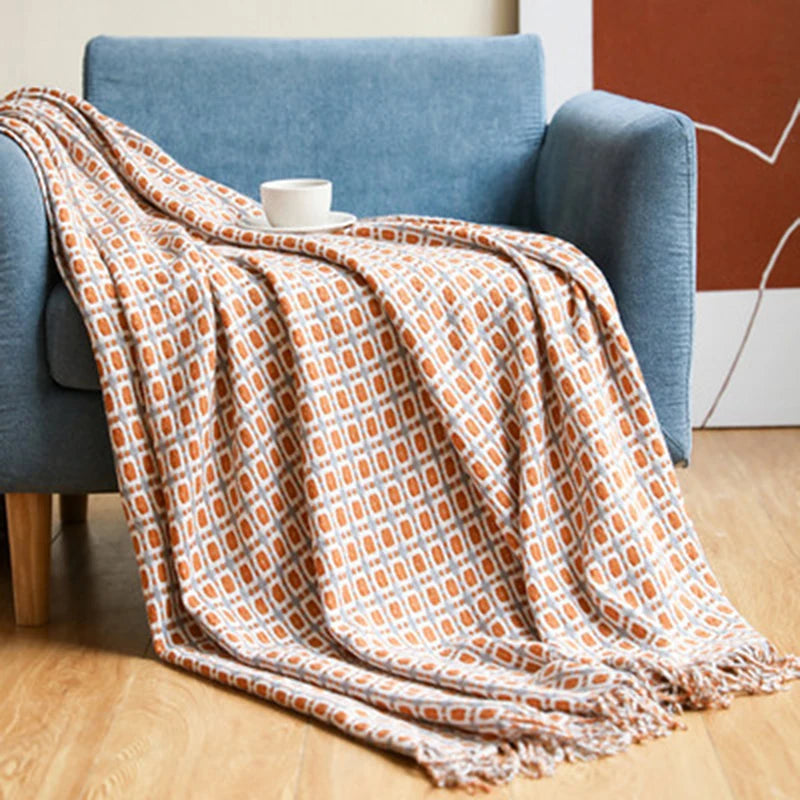 Chic Knit Throw Blanket with Geometric Design and Tassels