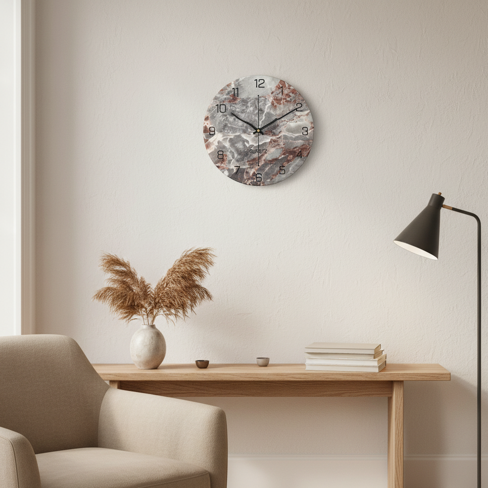 Elegant Silent Quartz Wall Clock with Marble Design