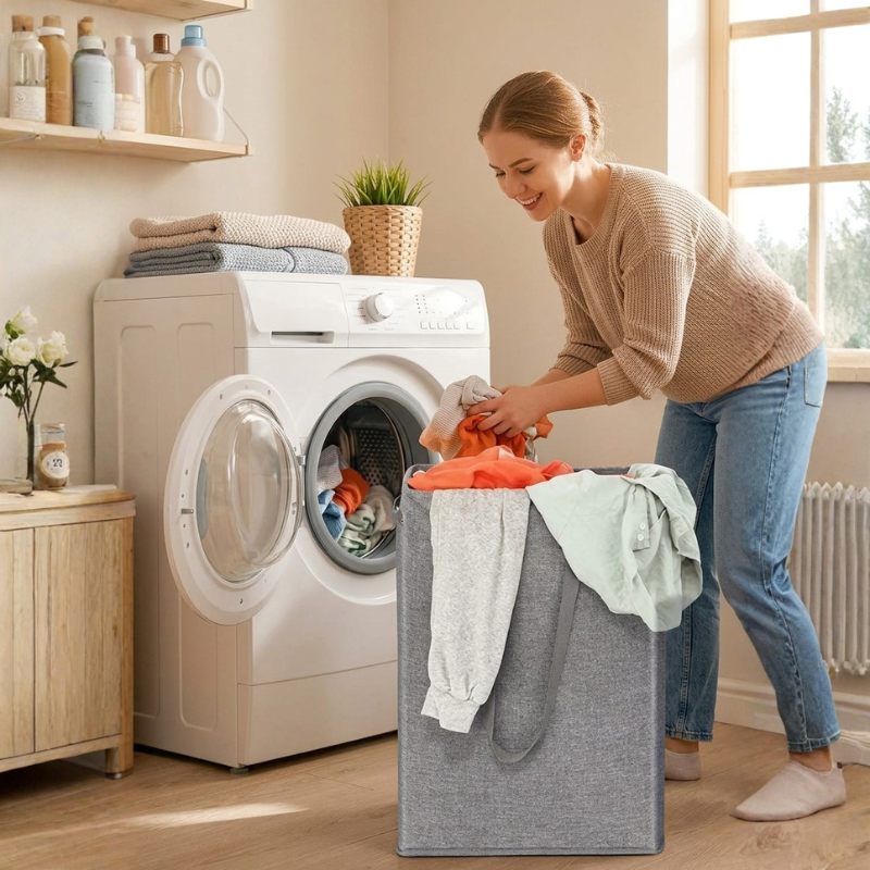 Stylish Slim Laundry Basket with Waterproof Liner and Handles