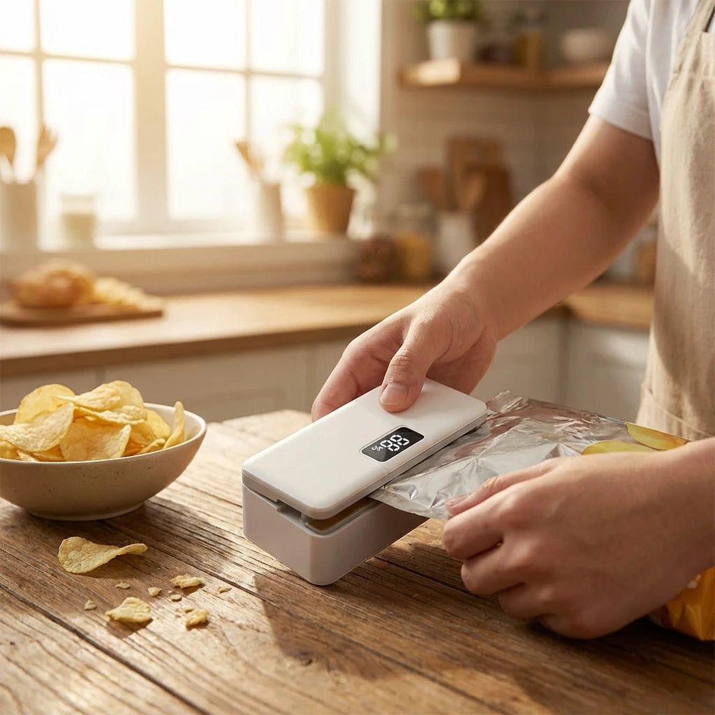 Compact Battery-Powered Food Bag Sealer with Magnetic Grip