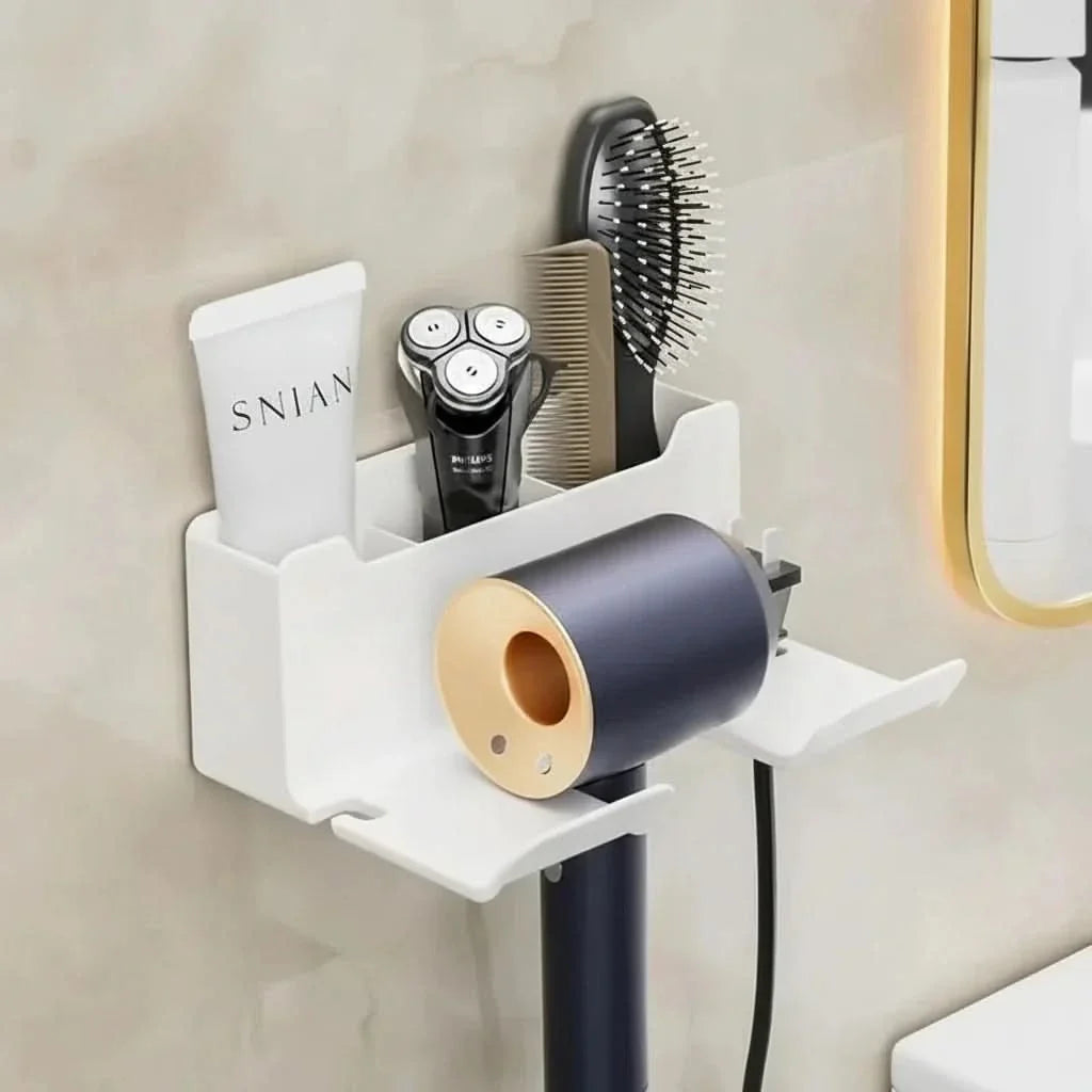 SPACE-SAVING WALL MOUNT FOR HAIR DRYER AND ACCESSORIES