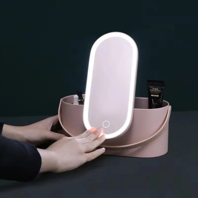 Portable Cosmetic Organizer with Illuminated Mirror