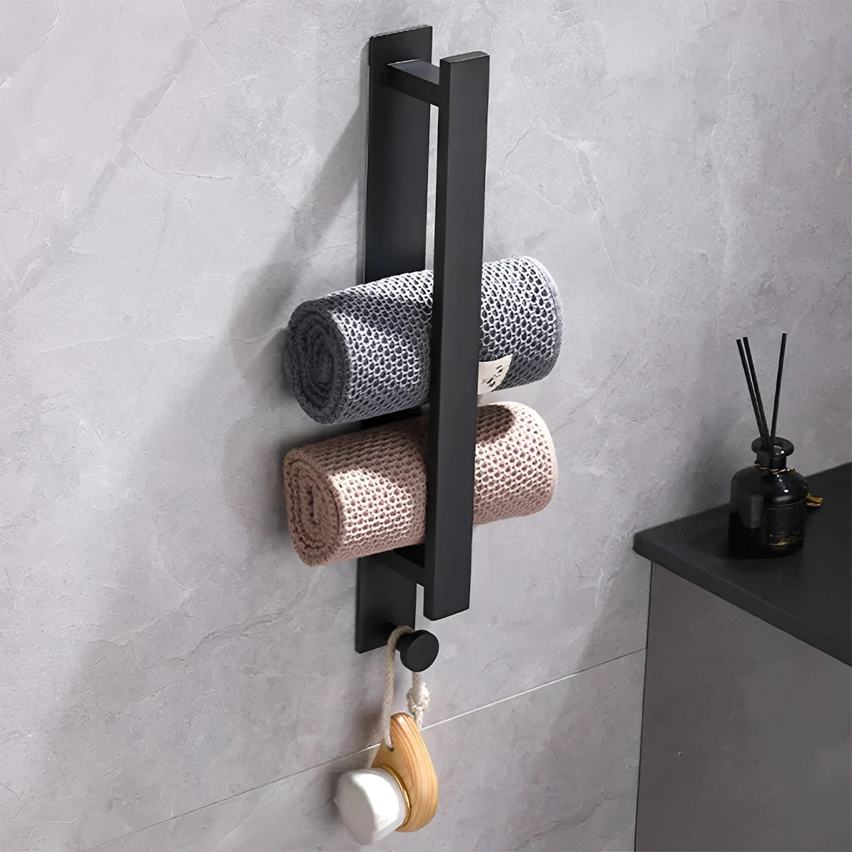 Sleek Black Towel Holder with Easy Installation | Space-Efficient Design