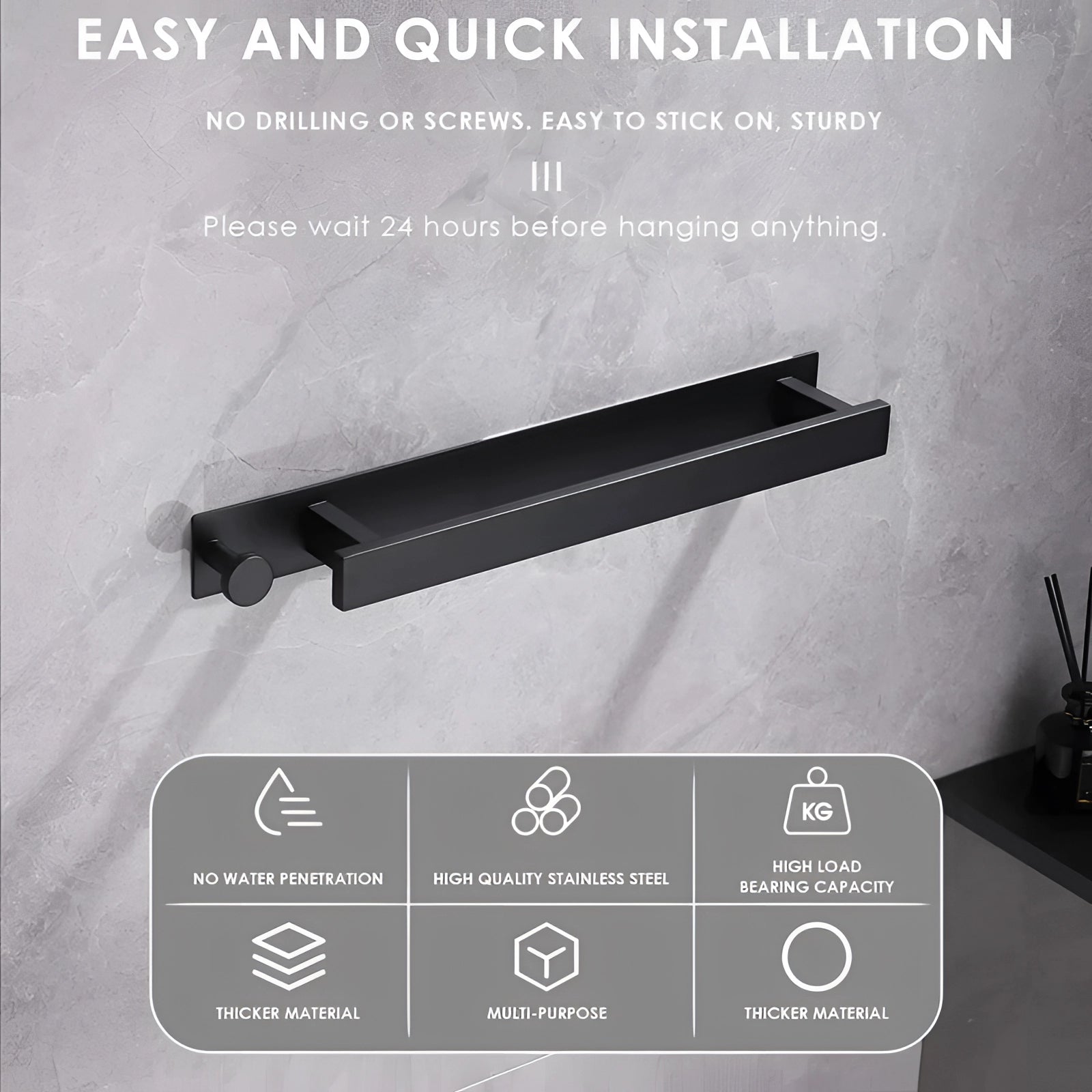 Sleek Black Towel Holder with Easy Installation | Space-Efficient Design