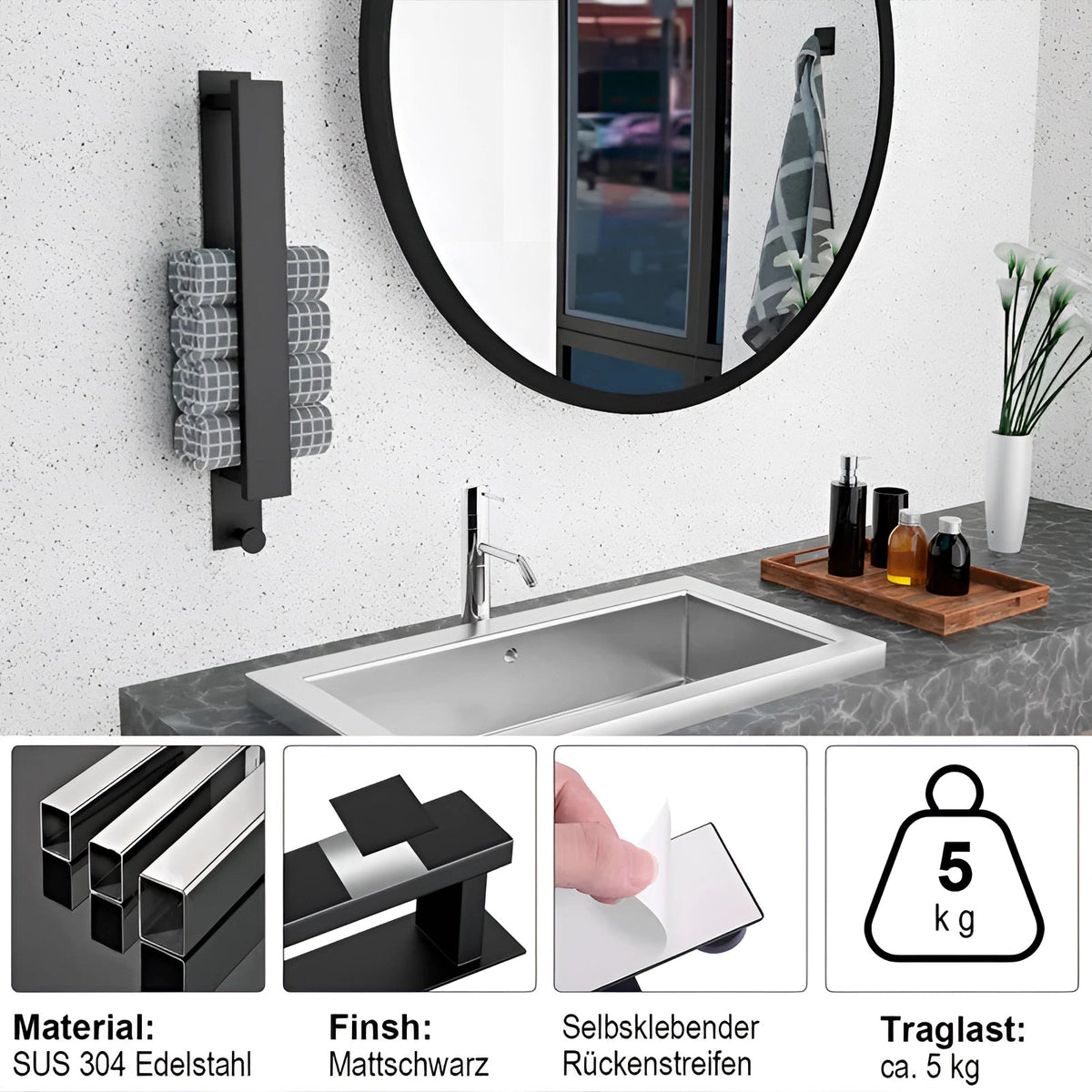 Sleek Black Towel Holder with Easy Installation | Space-Efficient Design