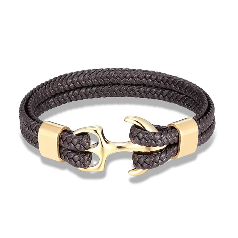 Mariner's Elegance | Men's Stylish Leather Bracelet with Anchor Motif