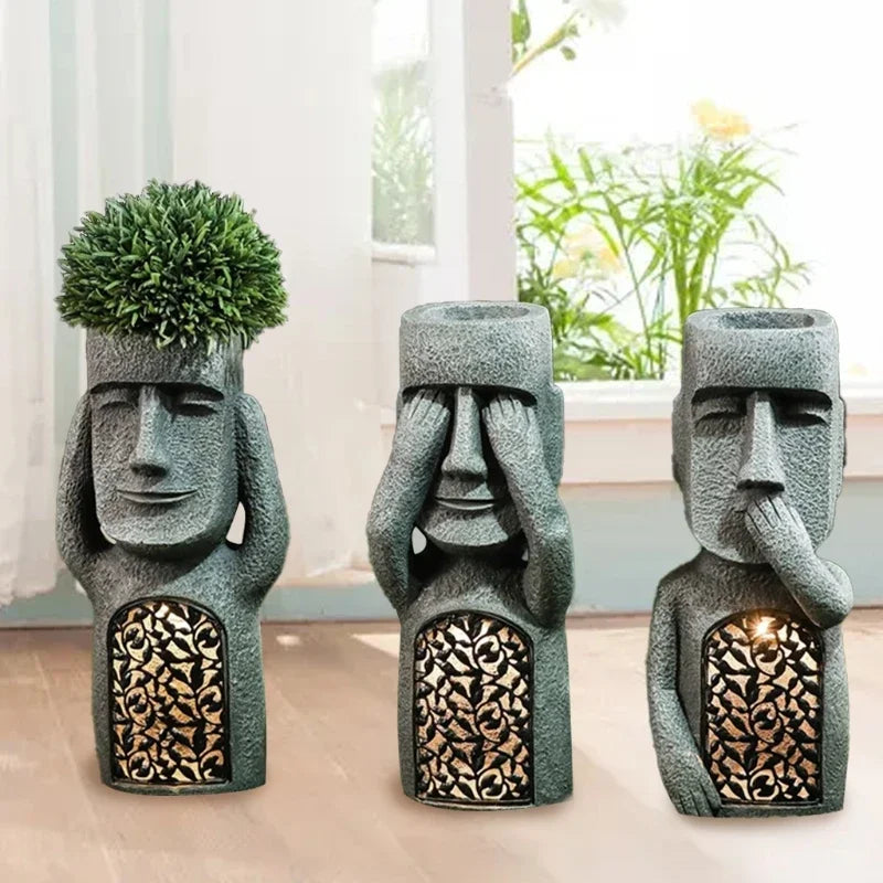 Moai Figure for Potted Plants with LED Illumination - Easter Island Design