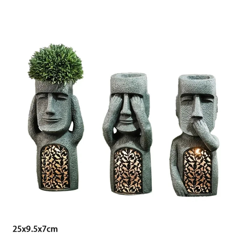 Moai Figure for Potted Plants with LED Illumination - Easter Island Design