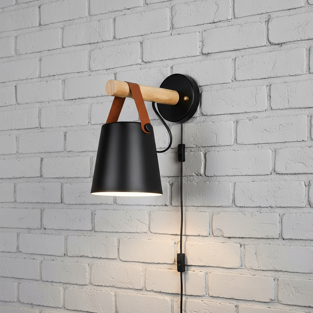 Elegant Indoor Wall Lamp with Wooden Base and Plug-In Design