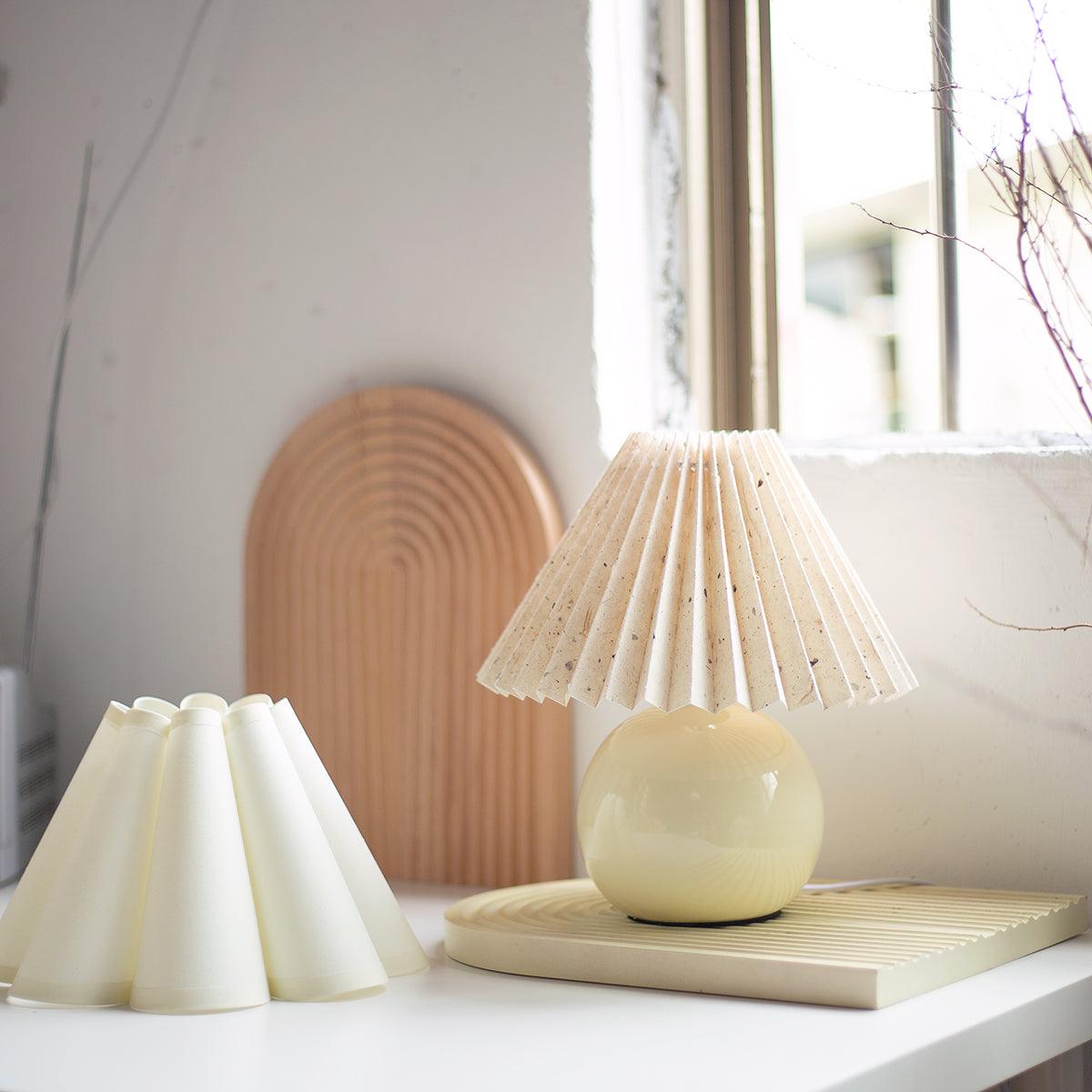 Elegant Cream Pleated Table Lamp with Beige Base