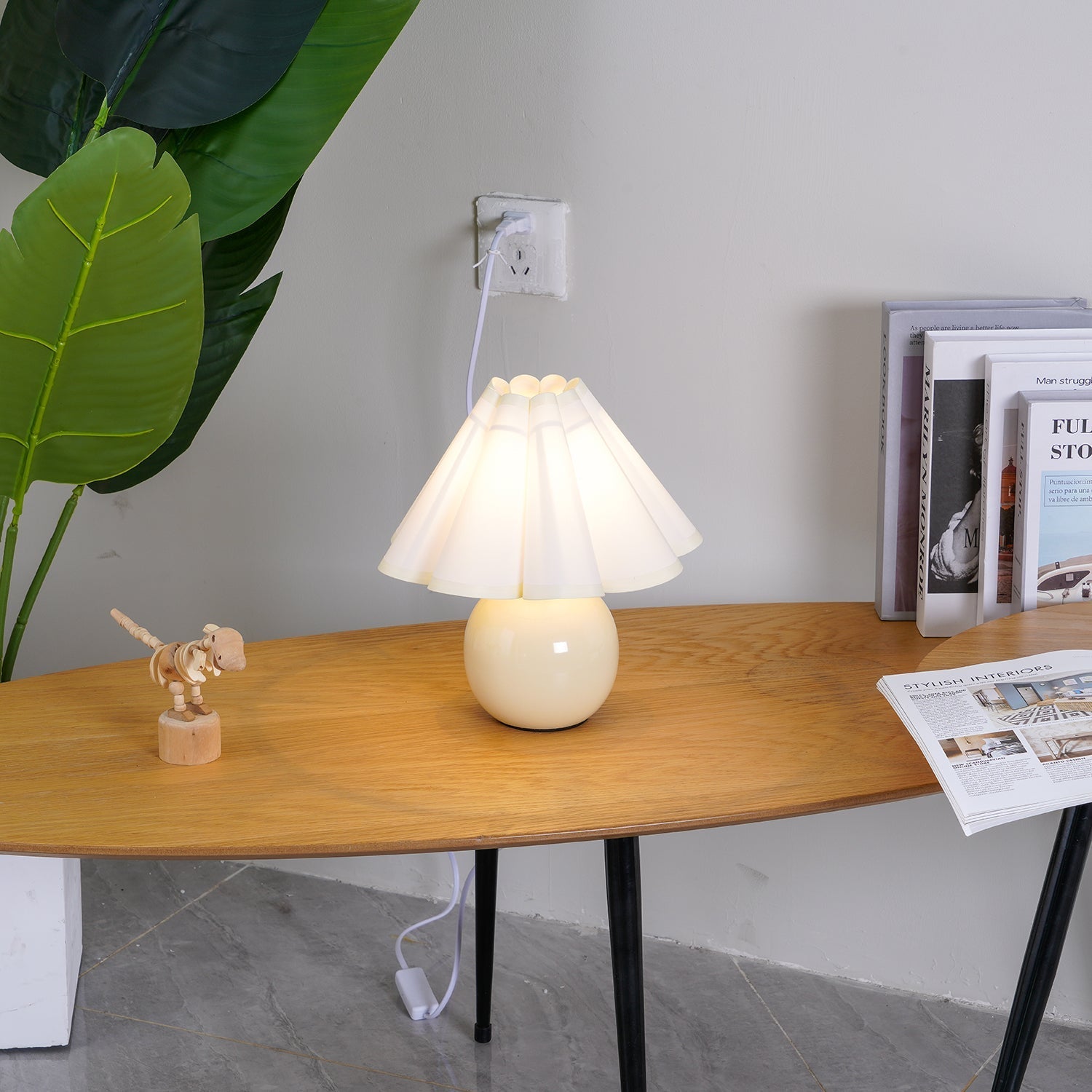 Elegant Cream Pleated Table Lamp with Beige Base