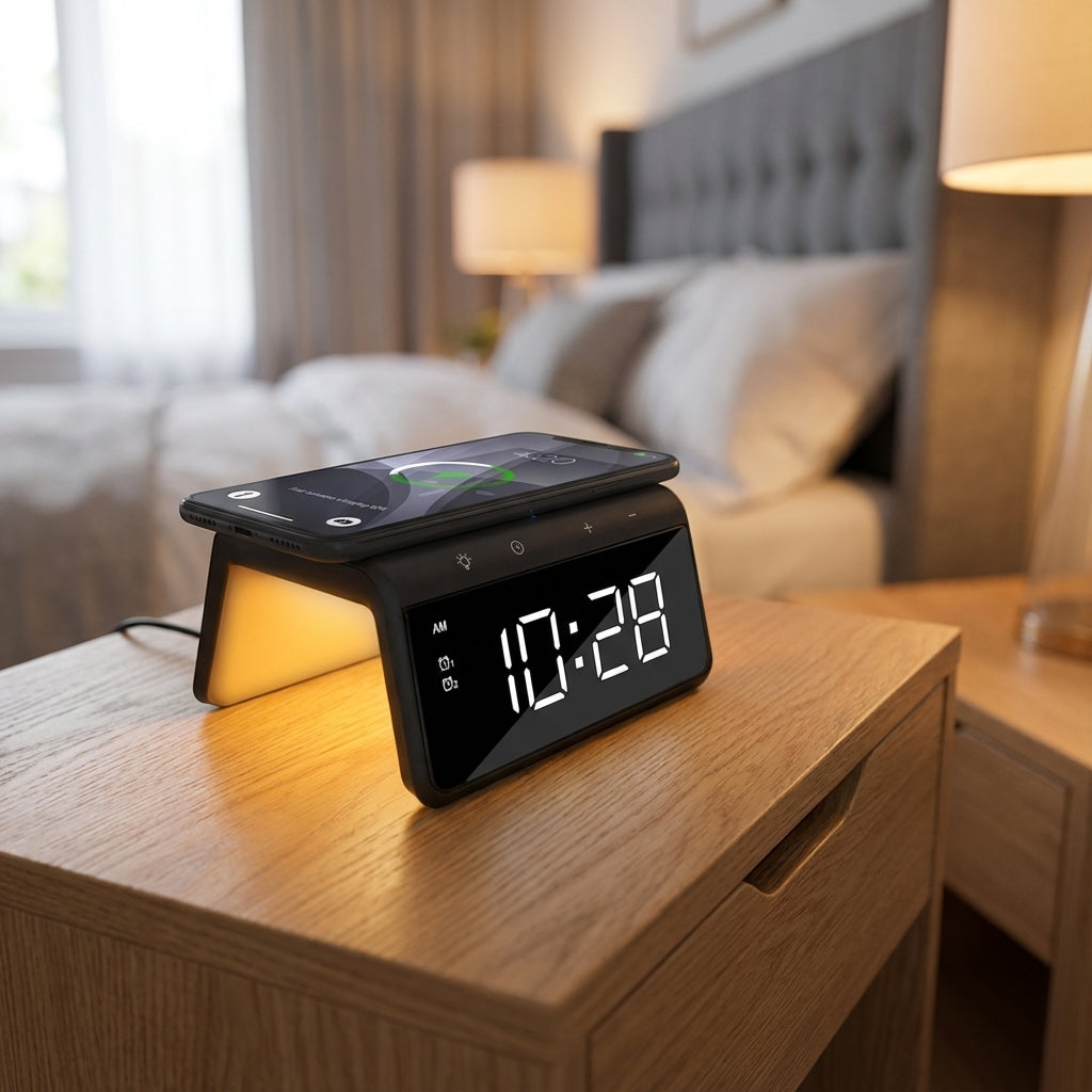 Smart Wireless Charging Alarm Clock with Dual Alarms & Ambient Light