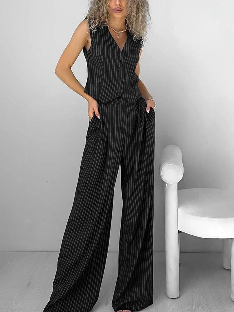 Chic Striped Ensemble with Matching Vest