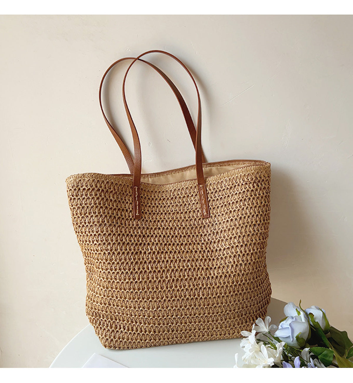 Chic Woven Beach Tote with Durable Leather Handles