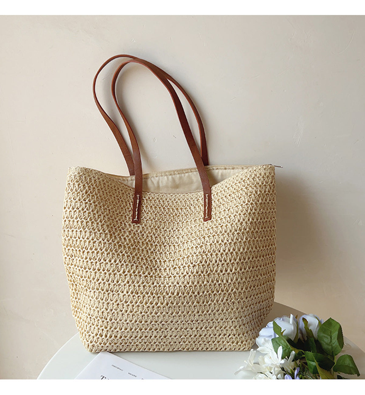 Chic Woven Beach Tote with Durable Leather Handles