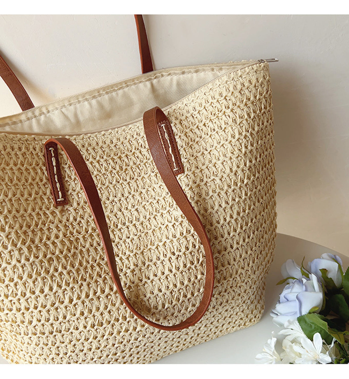 Chic Woven Beach Tote with Durable Leather Handles