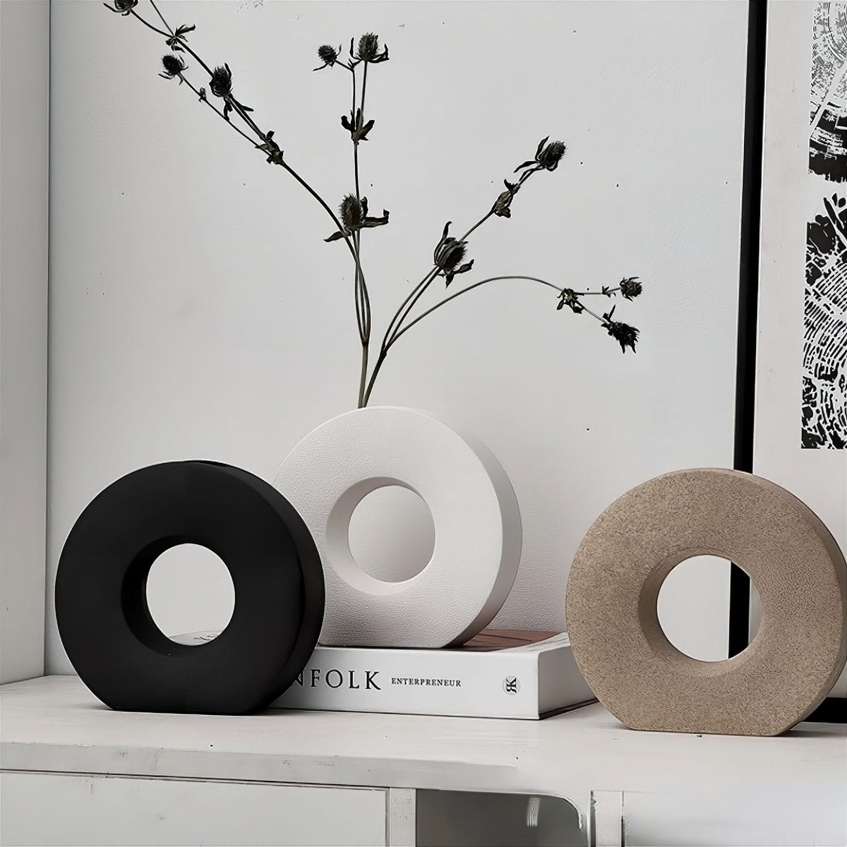 Contemporary Circle Vase with Matte Texture and Neutral Tones