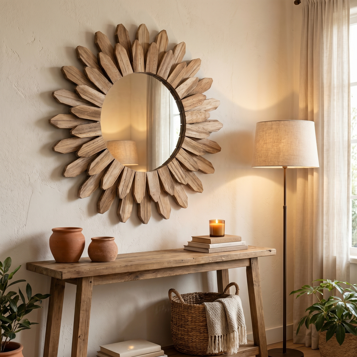 Elegant Round Sunburst Mirror with Solid Wood Frame