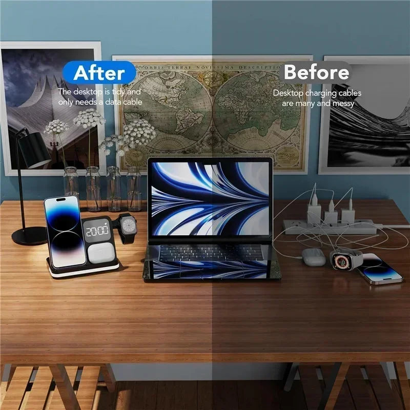 TrioCharge Hub: Wireless Charging Station with LED Clock & Fan
