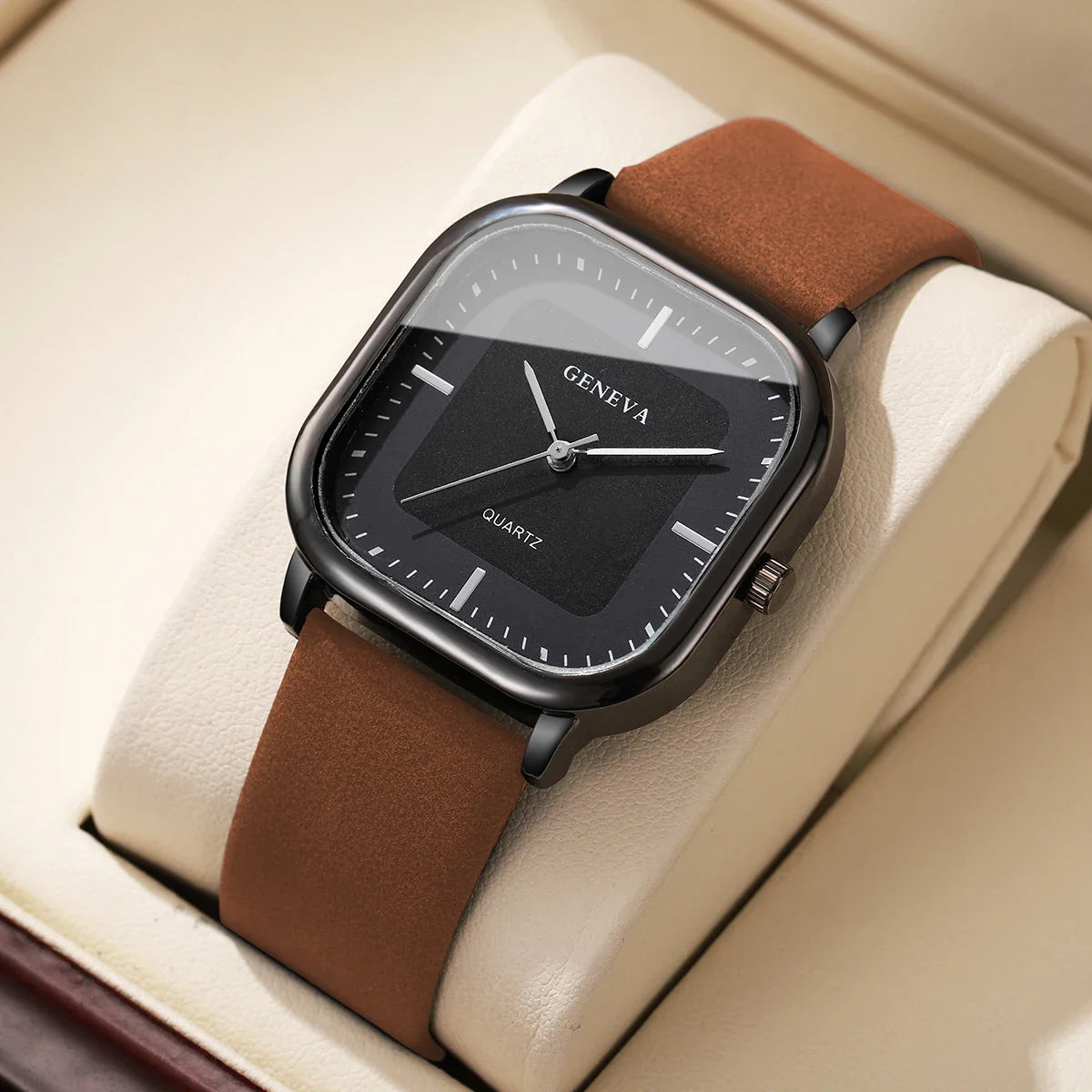 Nexus Square Quartz Watch for Men – Sleek Leather Band, 35mm Dial