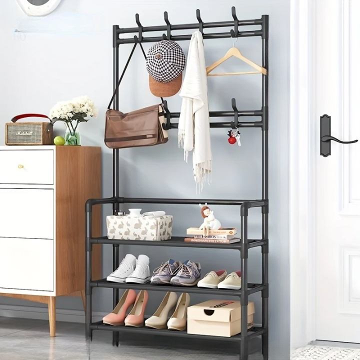 Multi-Tier Steel Frame Coat Rack with Shoe Storage Shelf