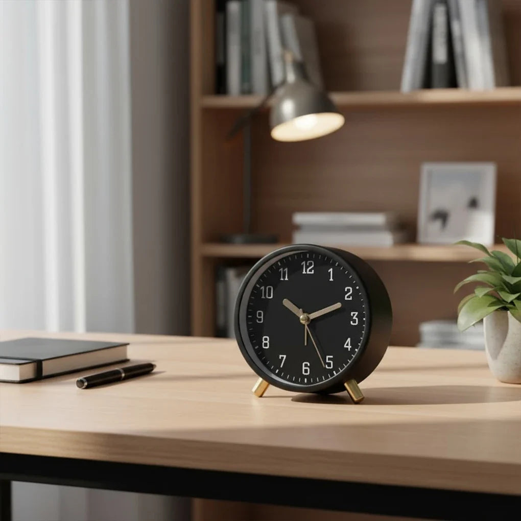 Elegant Silent Sweep Desk Clock with Metal and Glass Finish