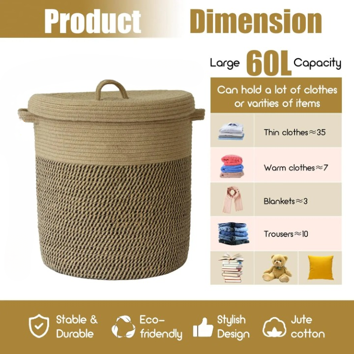 60L Storage Basket with Lid – Woven Cotton Laundry Organizer