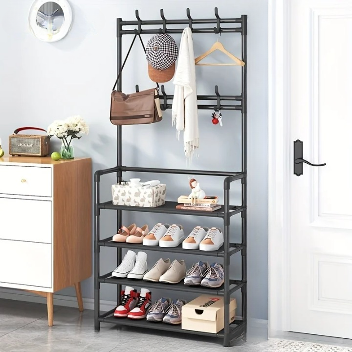 Multi-Tier Steel Frame Coat Rack with Shoe Storage Shelf
