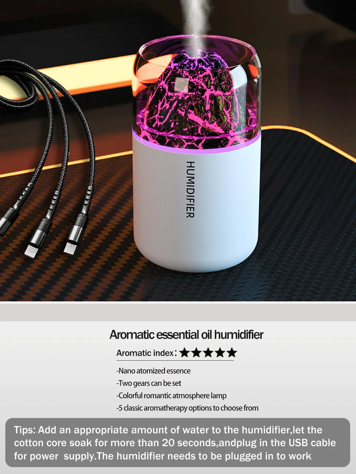 AromaWave Volcano Mist Diffuser & Humidifier with Light