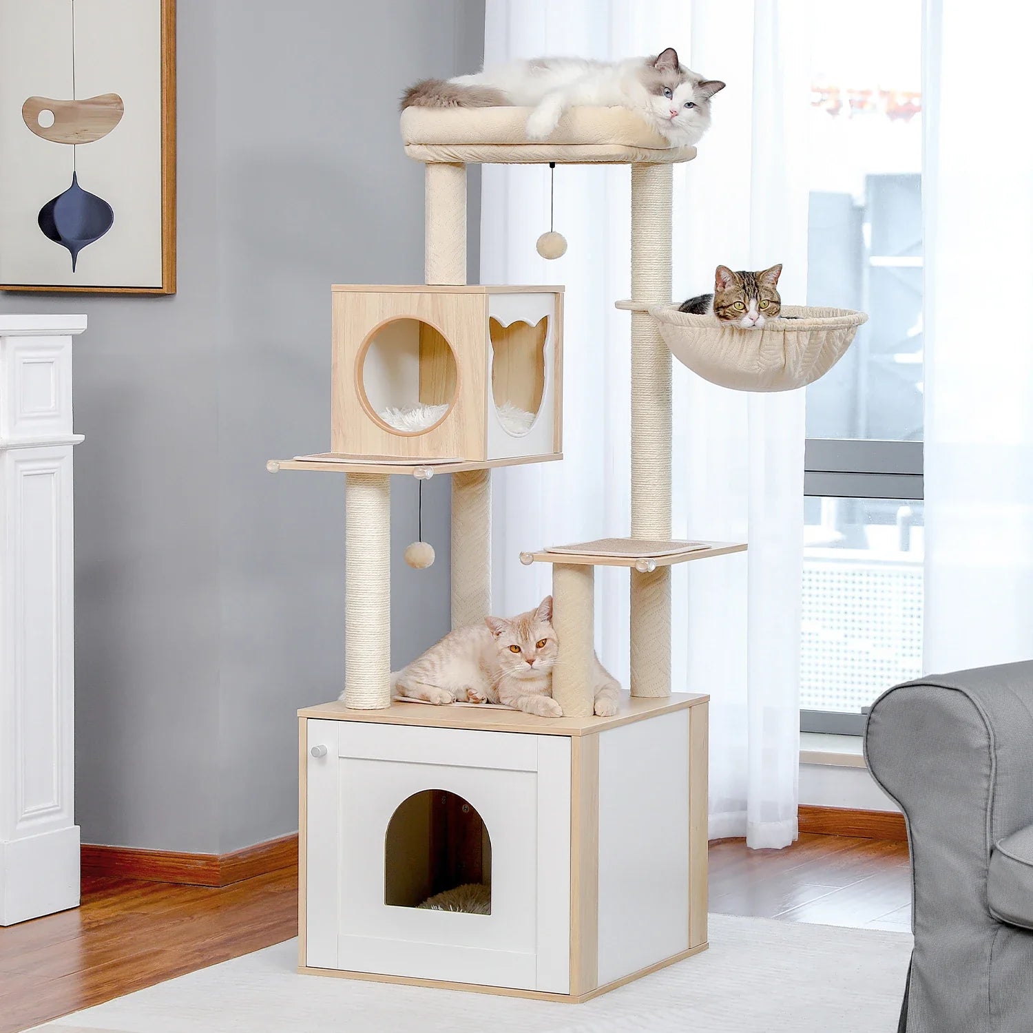 PurrNest 5-Tier Cat Haven | Multi-Level Wooden Cat Retreat with Scratch Posts & Comfortable Lounging Areas