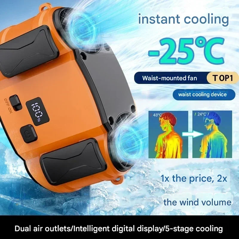 Neck and Waist Fan with Dual Air Outlets for Outdoor Use