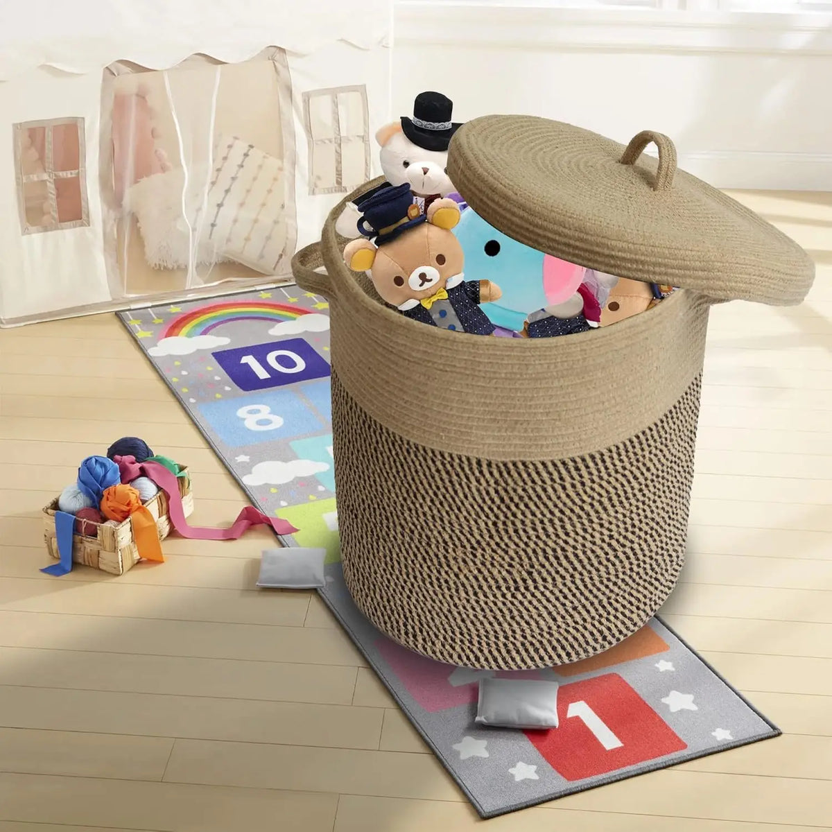 60L Storage Basket with Lid – Woven Cotton Laundry Organizer