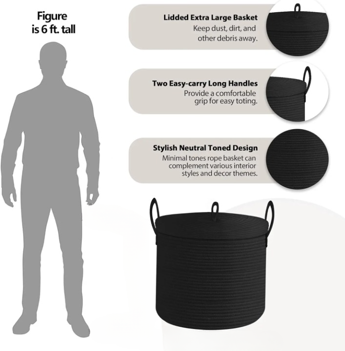 Oversized Black Cotton Rope Basket with Lid for Storage