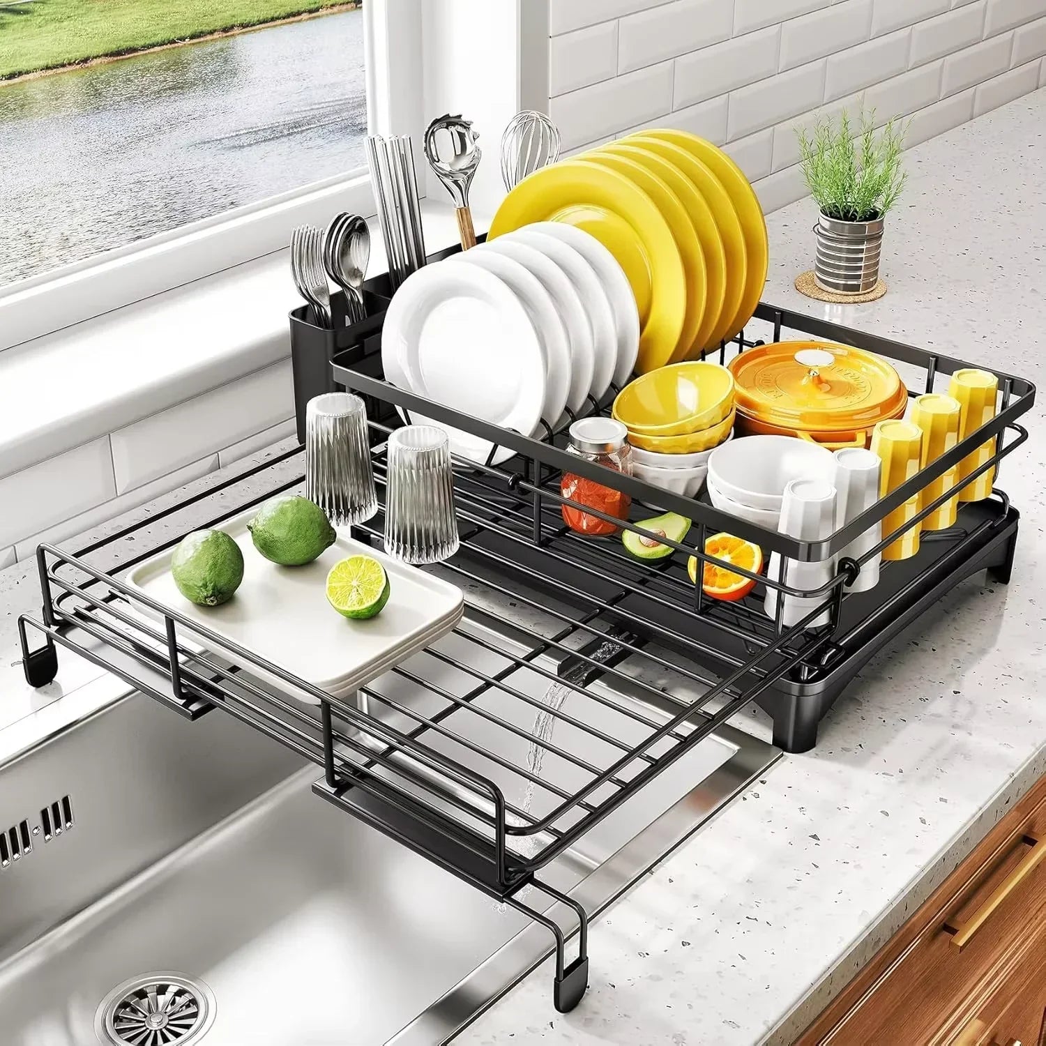 Kitchen Dish Rack with Drain Tray and Spacious Utensil Holder