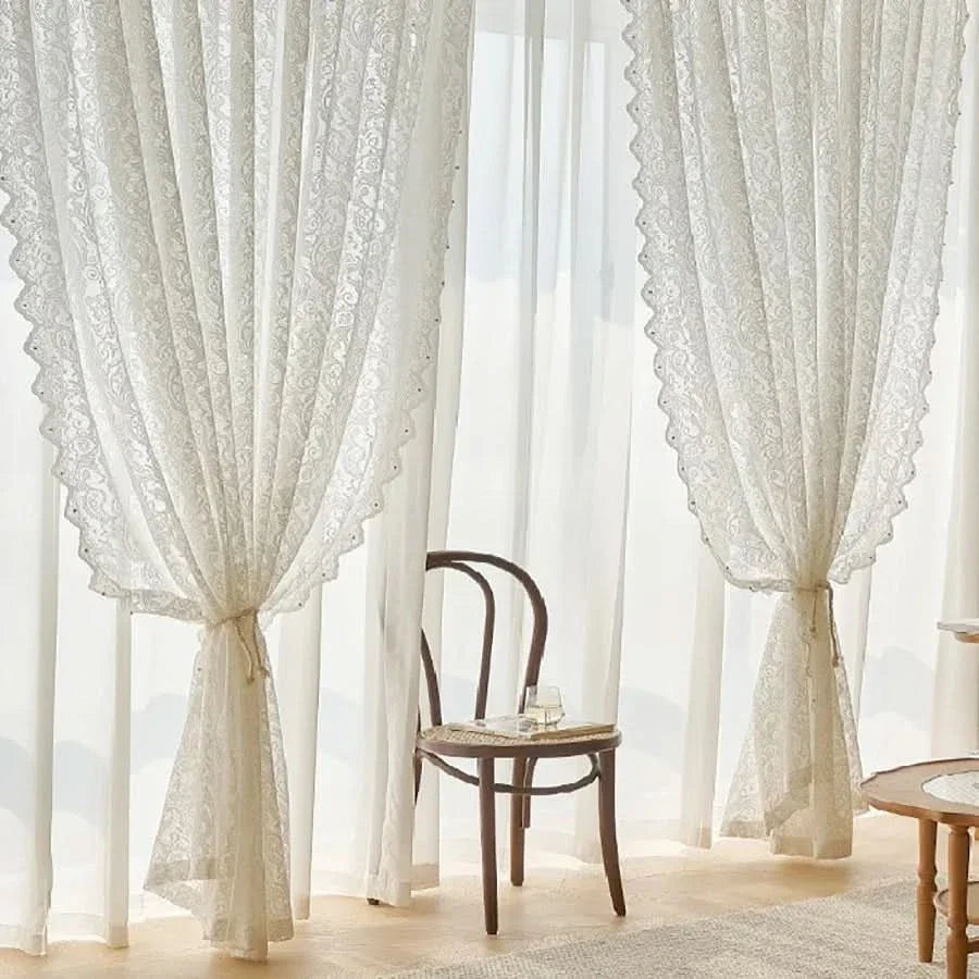 Chic French-Inspired Lace Curtain with Beaded Detail