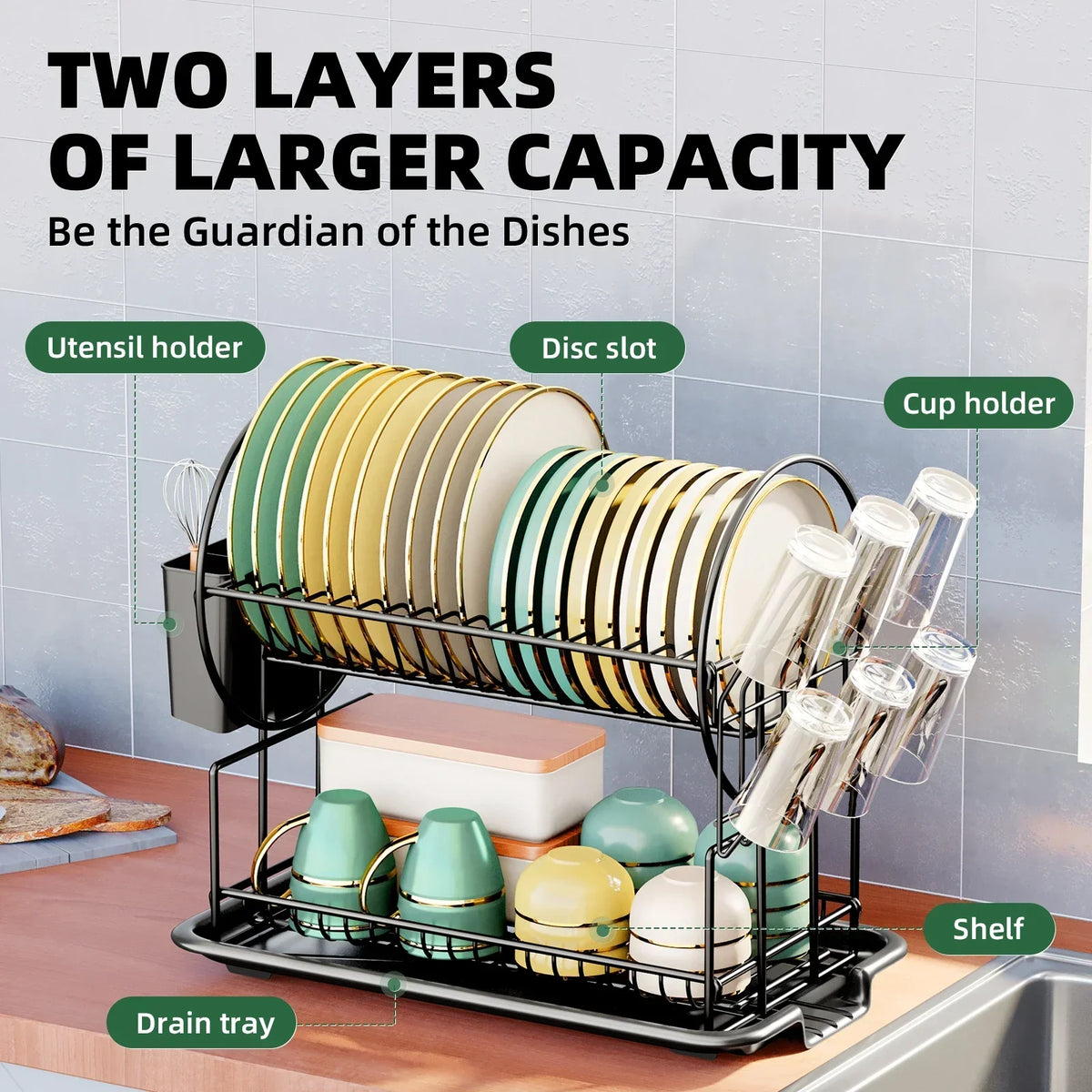 Dish Drying Rack with Drainboard, Cutlery Holder, 2-Tier Design