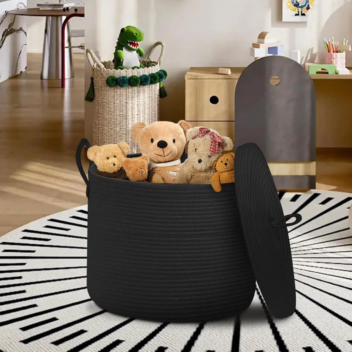 Oversized Black Cotton Rope Basket with Lid for Storage