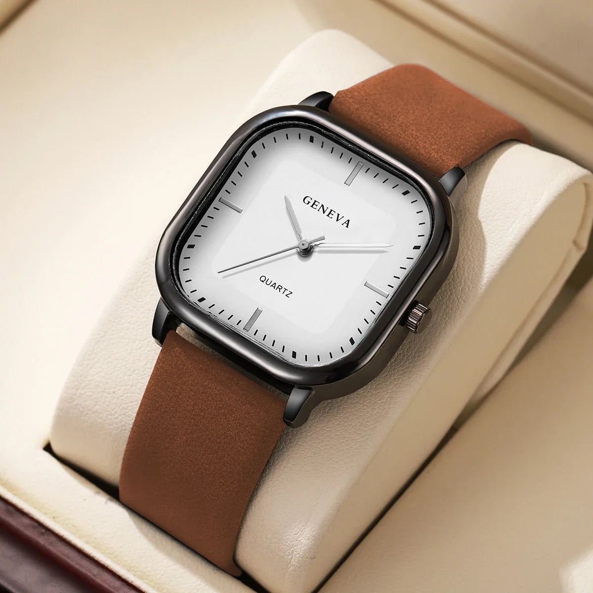 Nexus Square Quartz Watch for Men – Sleek Leather Band, 35mm Dial