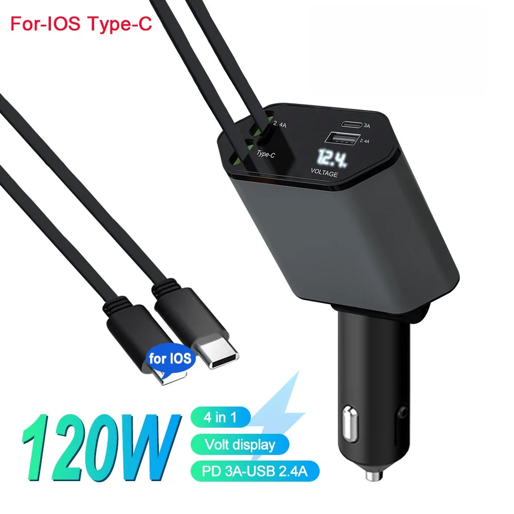 PowerPro 120W Multi-Device Car Charger with Dual Cables