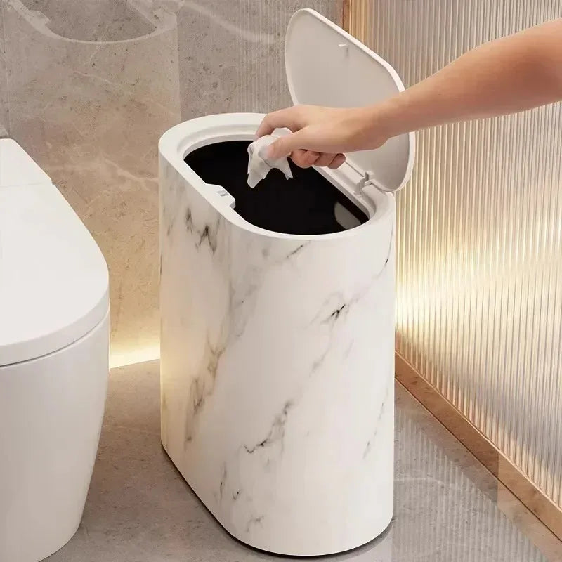 Sleek Marble-Style Waste Bin with Push Lid for Compact Areas