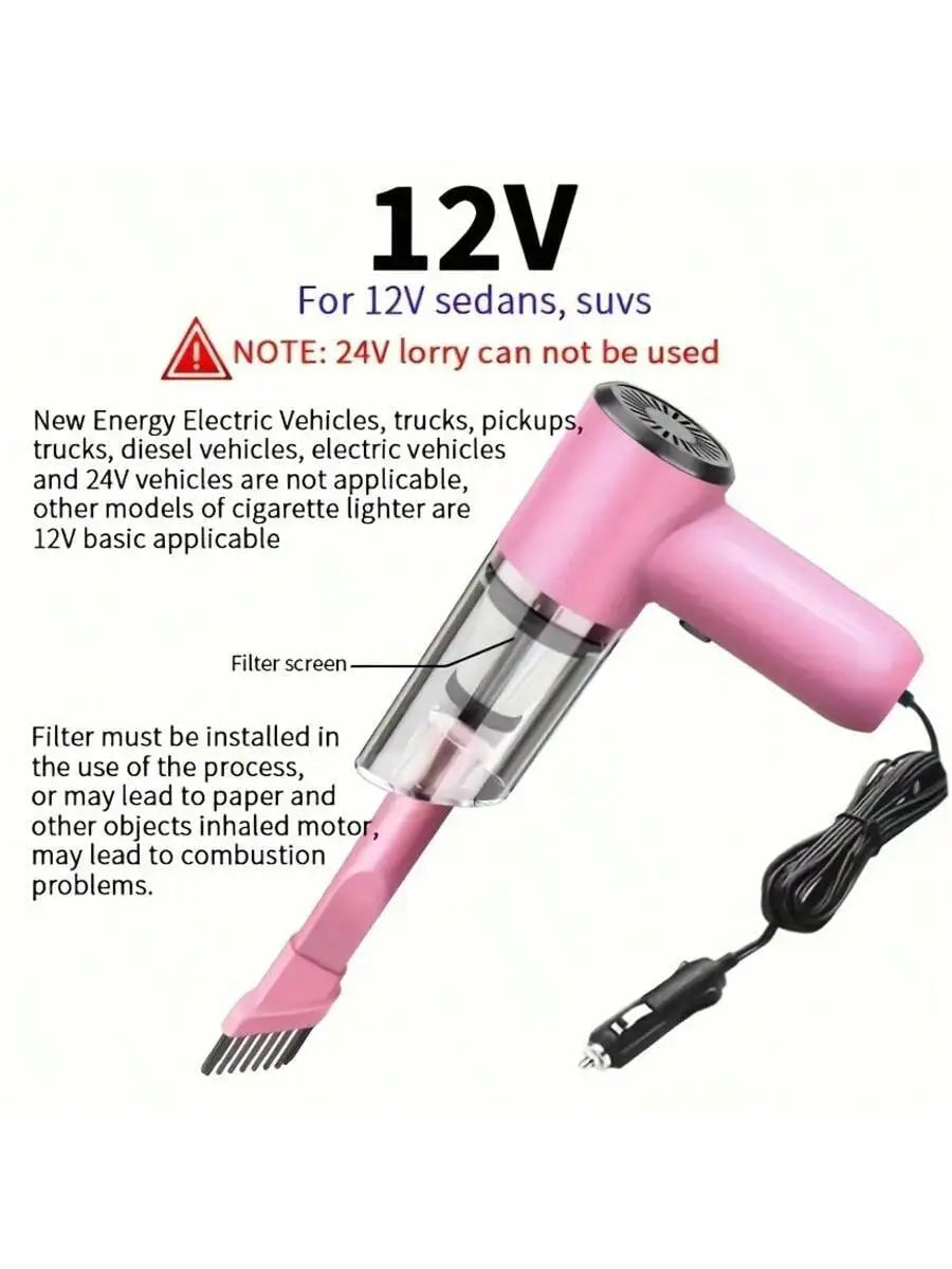Compact 12V Portable Car Vacuum with LED Light & Washable Filter