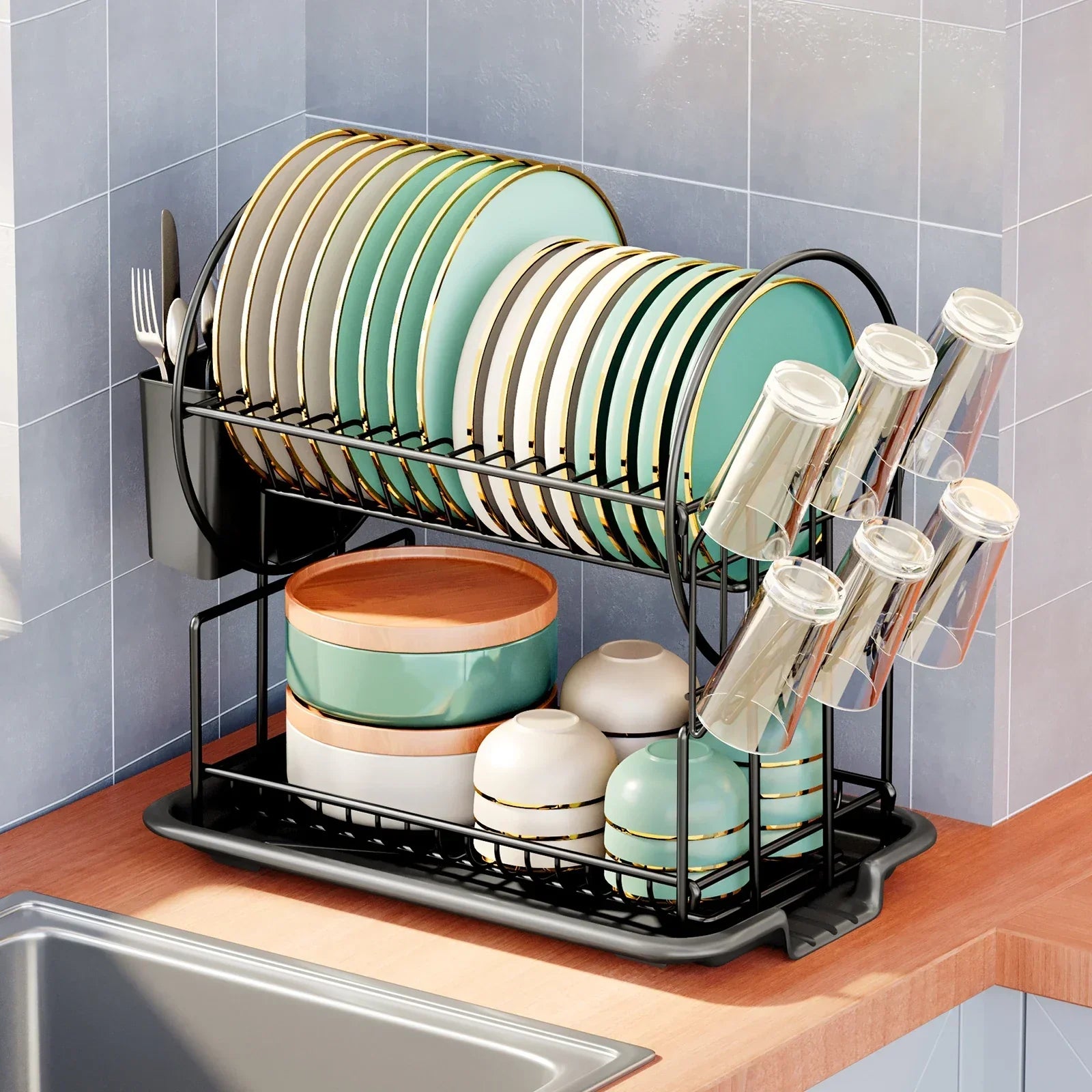 Dish Drying Rack with Drainboard, Cutlery Holder, 2-Tier Design