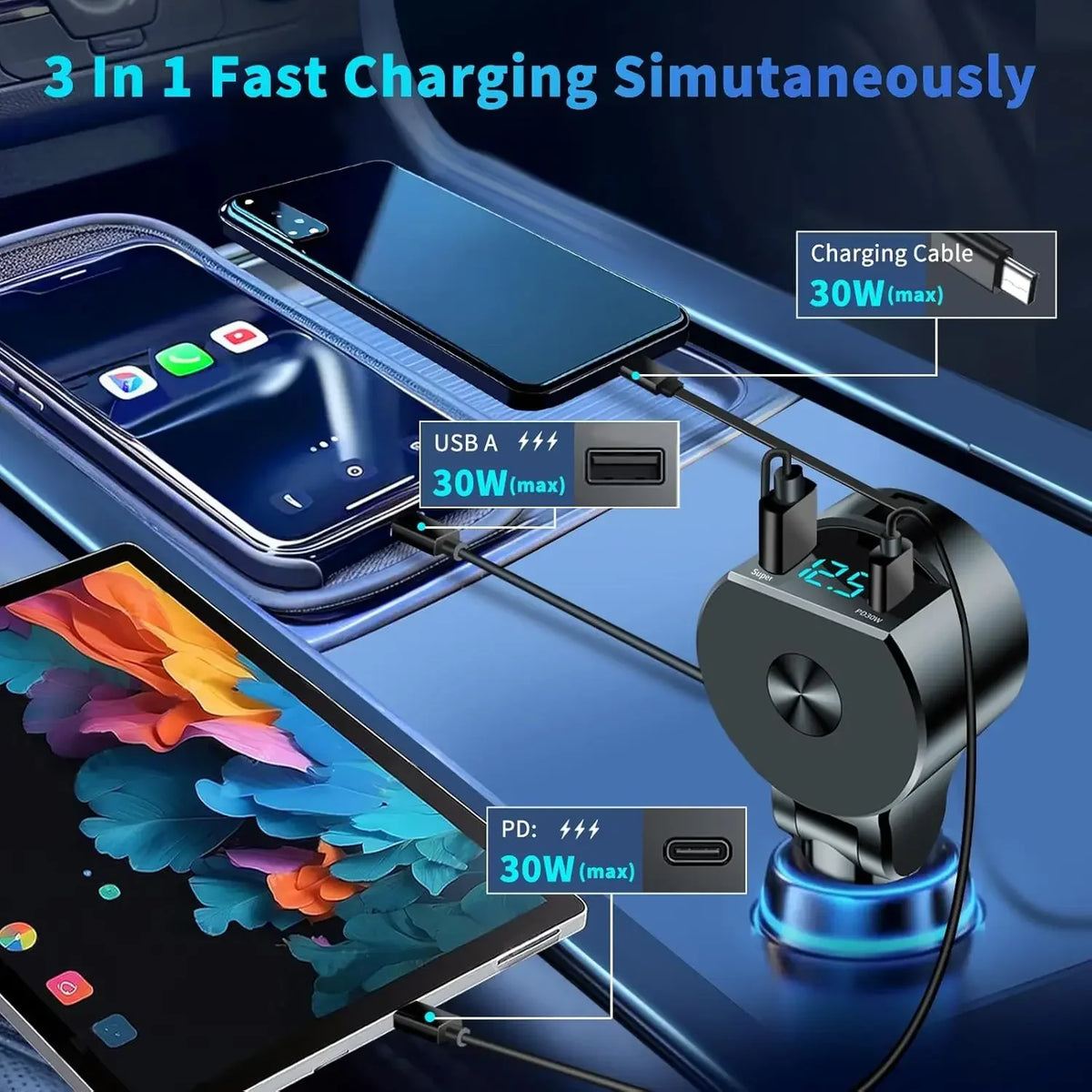 VersaCharge 3-in-1 Compact Car Charger with Voltage Monitor