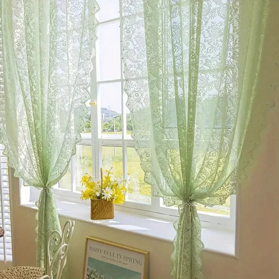 Chic French-Inspired Lace Curtain with Beaded Detail
