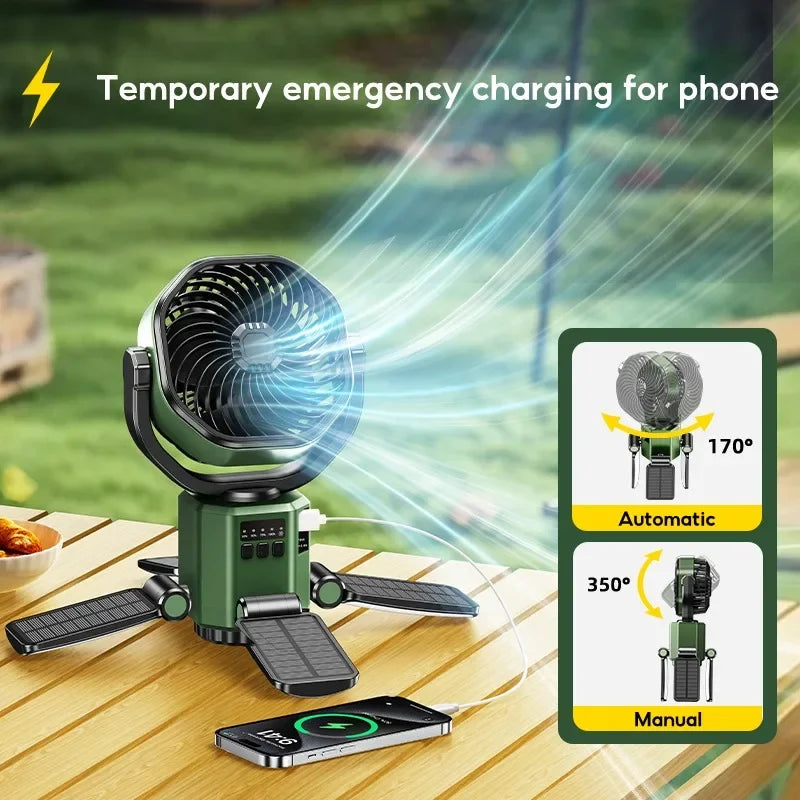 Portable Solar Fan for Camping – 6000mAh Battery, LED Light, 4 Speeds
