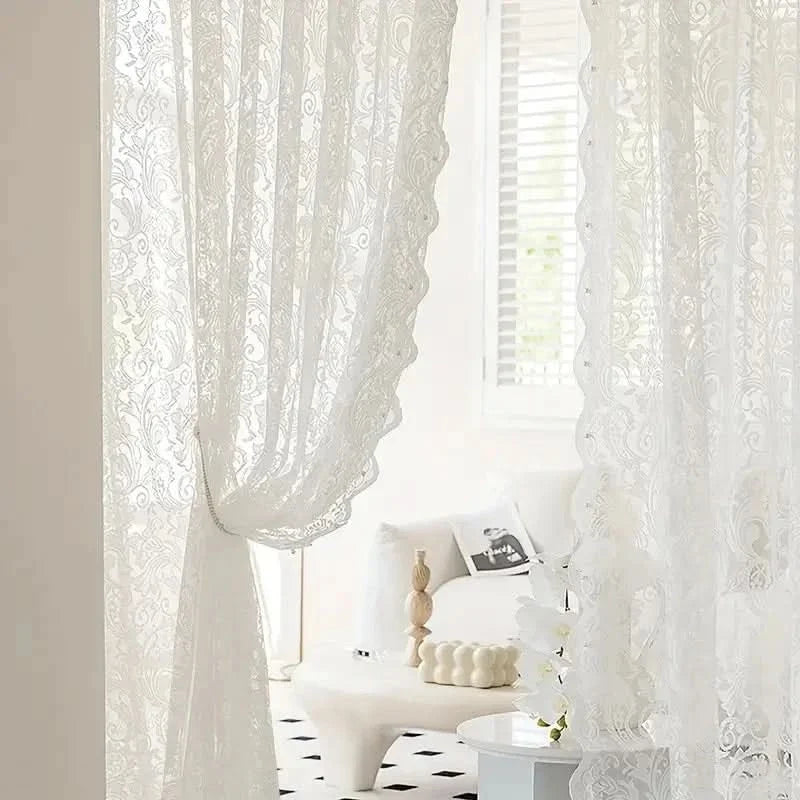 Chic French-Inspired Lace Curtain with Beaded Detail