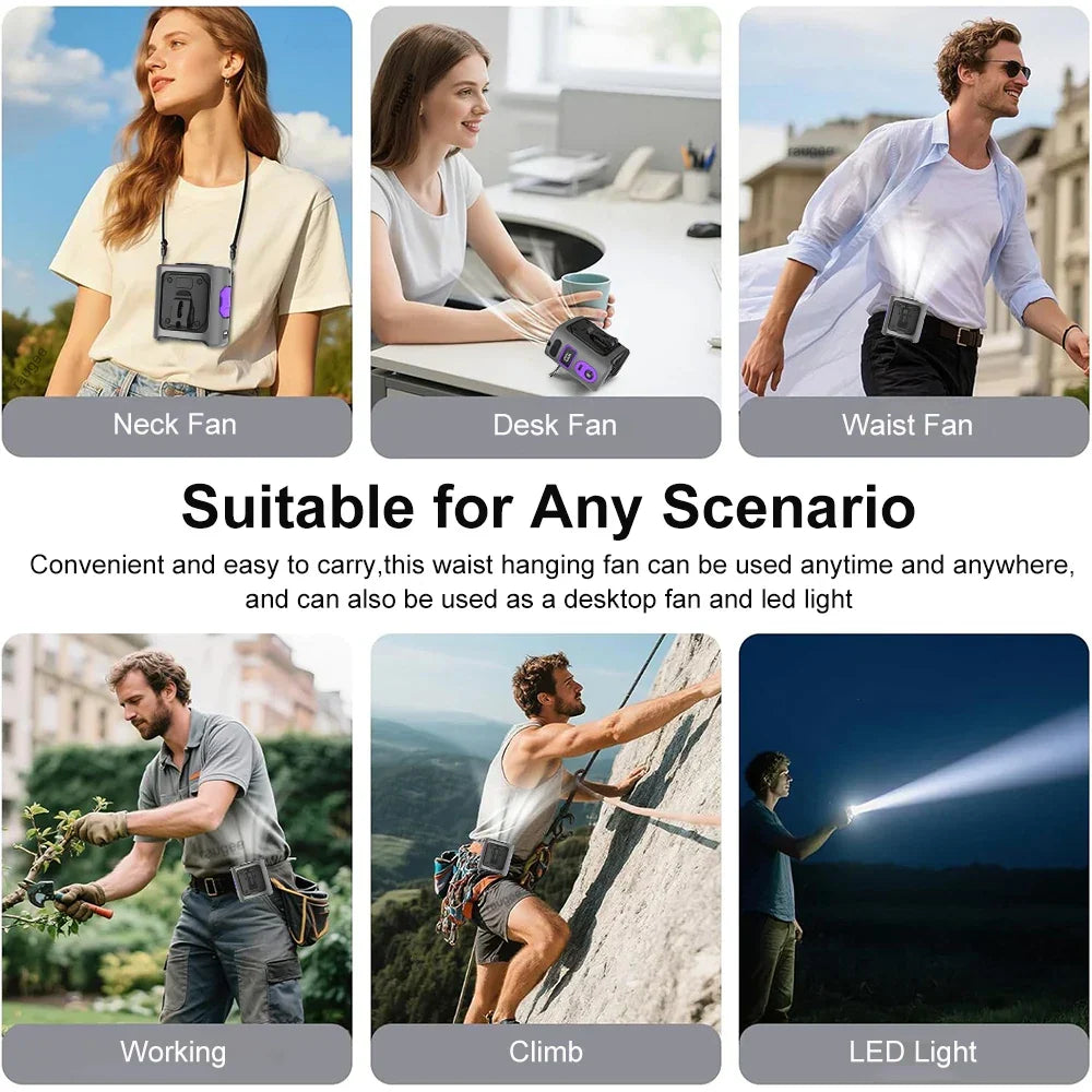 Portable 8000mAh Waist Fan with LED Light and Power Bank