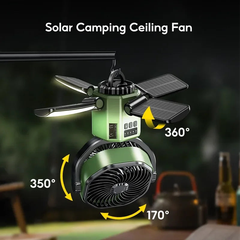 Portable Solar Fan for Camping – 6000mAh Battery, LED Light, 4 Speeds